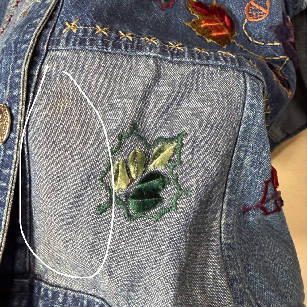 Vintage Sara Studio Denim Jacket Patchwork Leaf E… - image 5